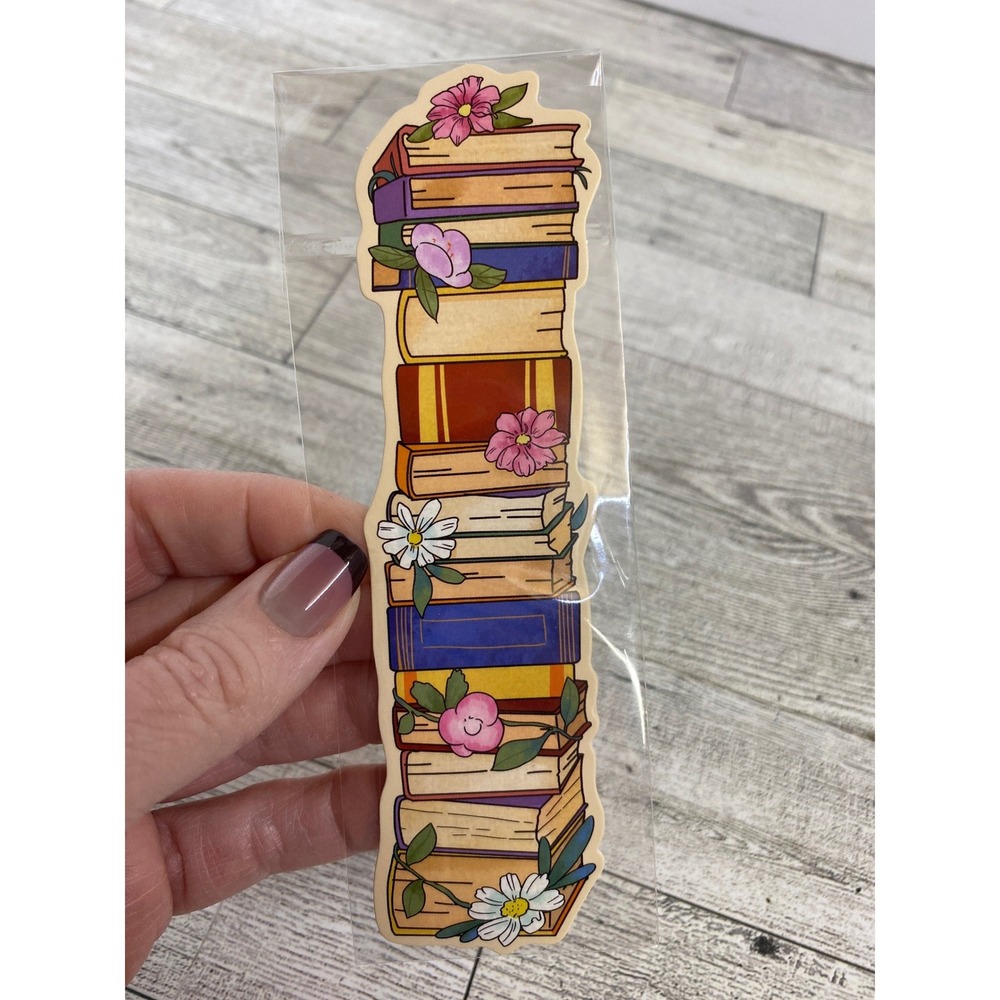 Stacked Books Floral Die-Cut Bookmark - Cottagecore Library Reader